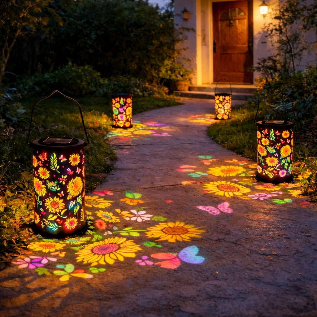 🌞A colourful solar-powered garden lantern with a sunflower light effect