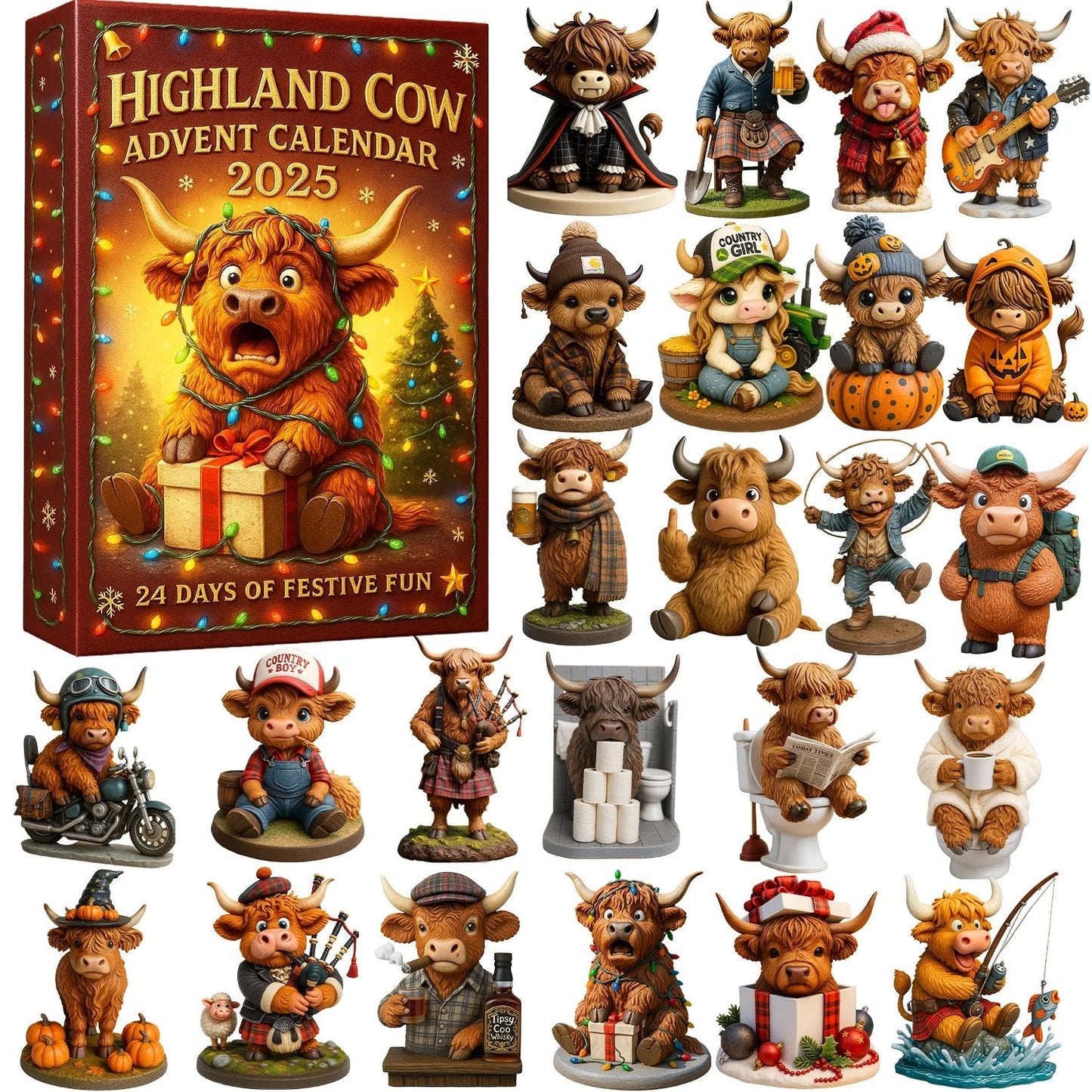 🐮Highland Cow Adventskalender 2025🎄✨- 3D handgemaakte Highland Cow-pop (24 stuks)